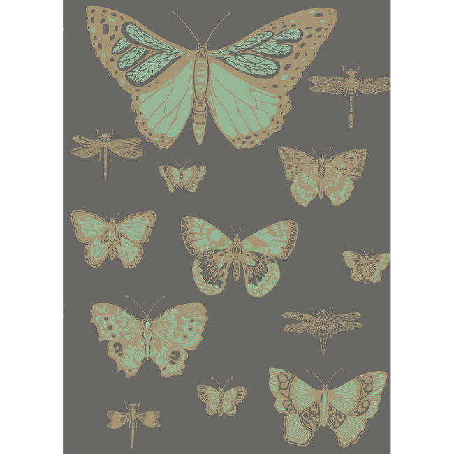 cole & son - butterflies & dragonflies - green on char - 103/15067.cs.0