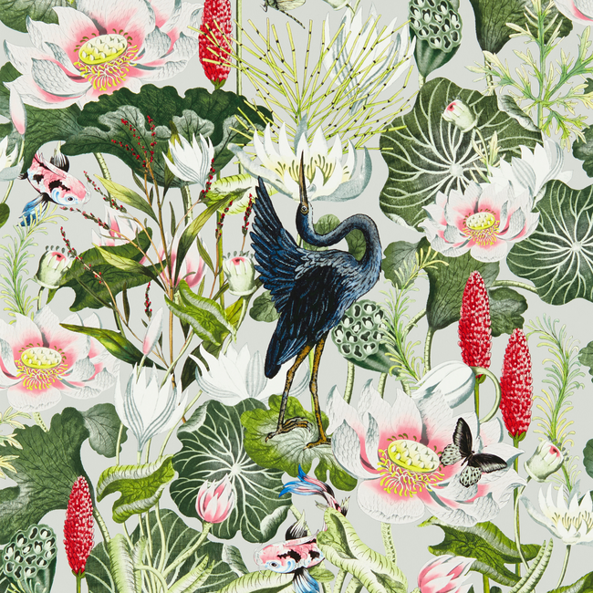 clarke & clarke - waterlily wallpaper - dove - w0137/02.cac.0