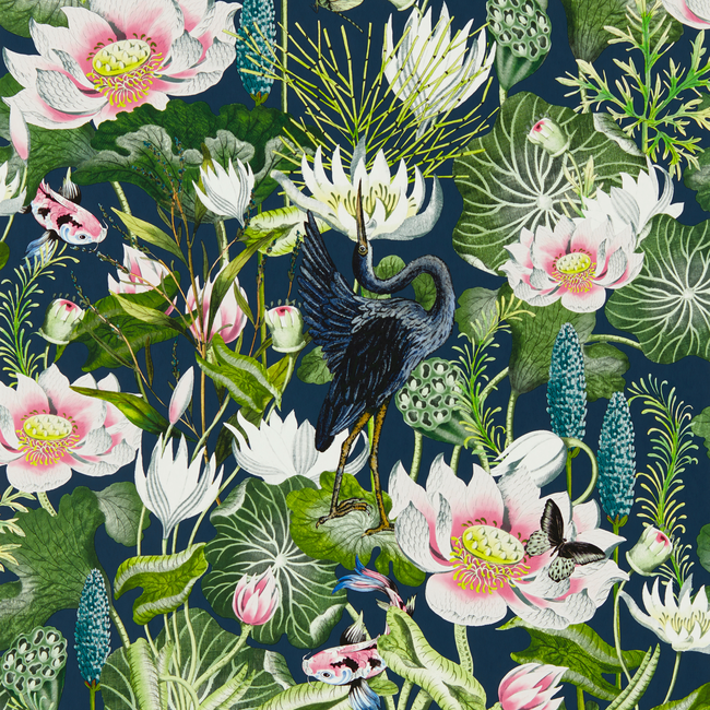 clarke & clarke - waterlily wallpaper - midnight - w0137/04.cac.0