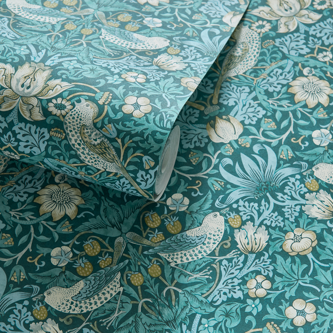 clarke & clarke - strawberry thief - teal wallpaper - w0171/06.cac.0