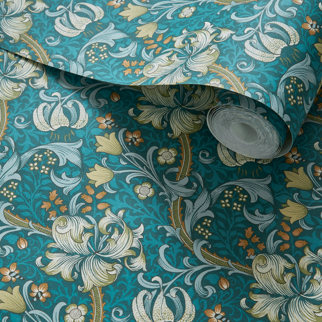 clarke & clarke - golden lily - teal wallpaper - w0174/03.cac.0