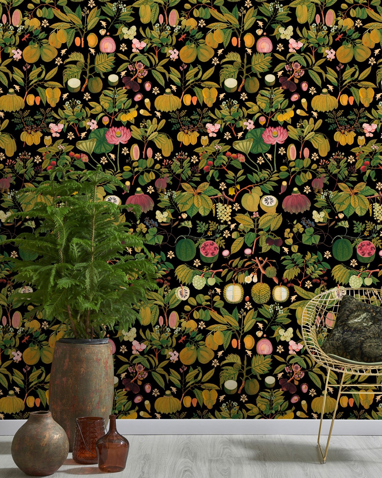 asian fruits and flowers anthracite wallpaper