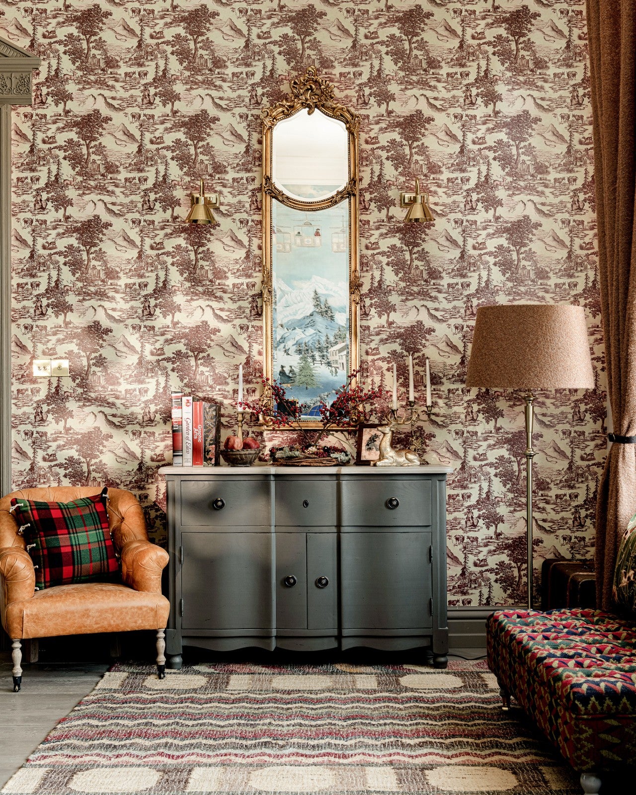 toile du tyrol burgundy wallpaper